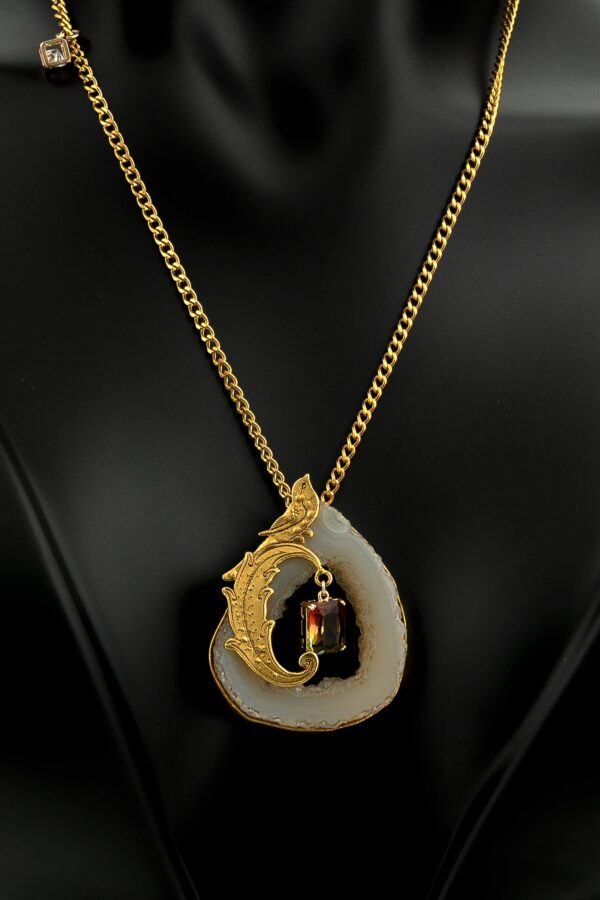 Necklace made of brass metal and pen art, Brazilian agate stone and synthetic tourmaline