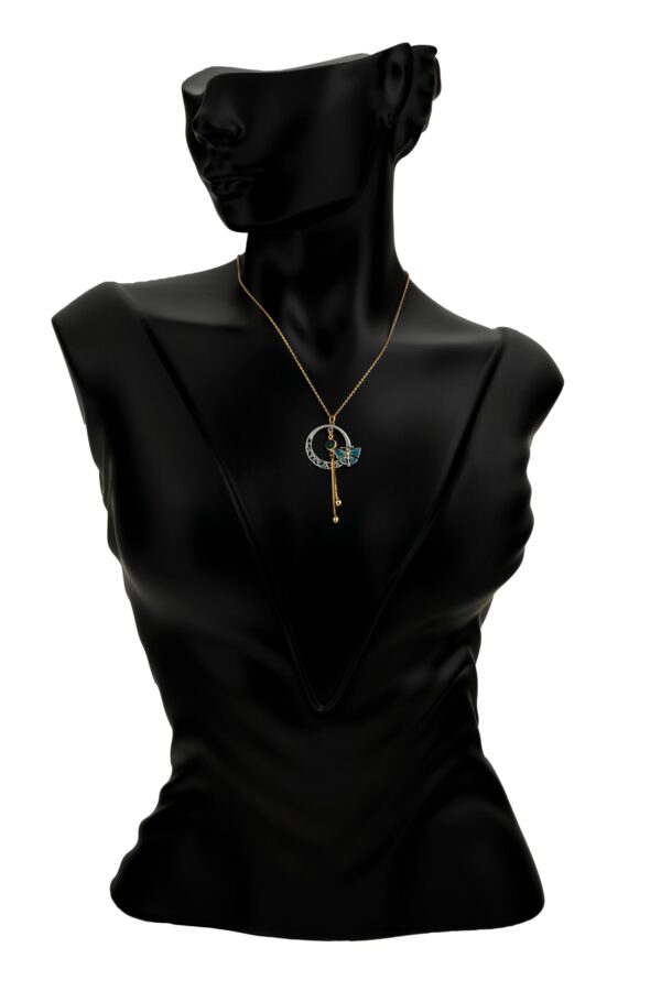 Necklace with silver and copper metal with gold plating and synthetic Gibson stone