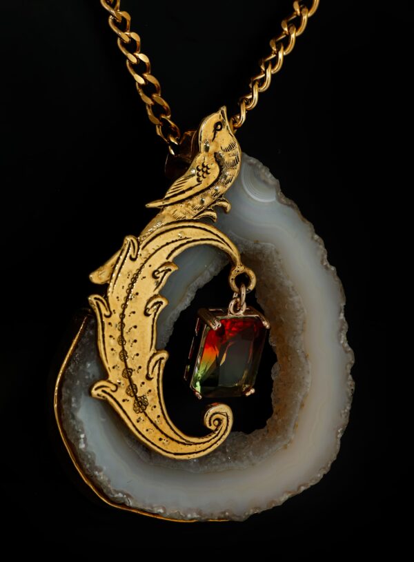 Necklace made of brass metal and pen art, Brazilian agate stone and synthetic tourmaline