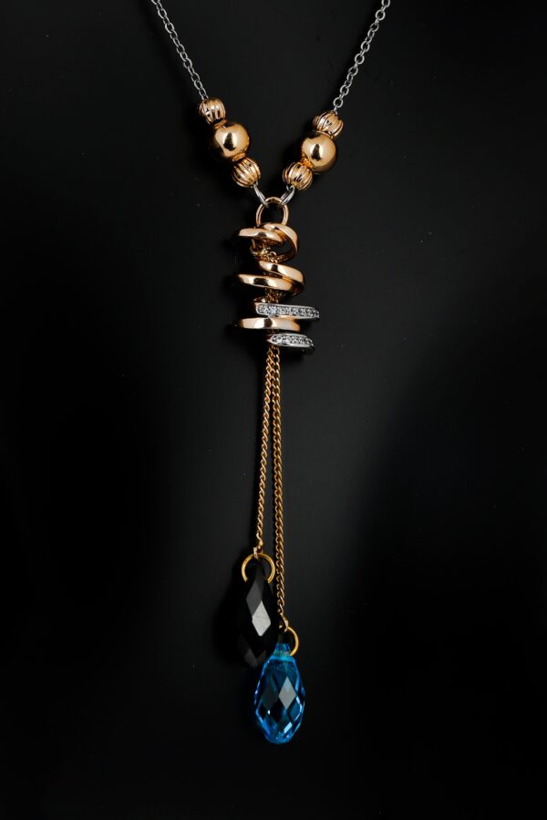 Steel and copper necklace with gold plating and synthetic drop stones